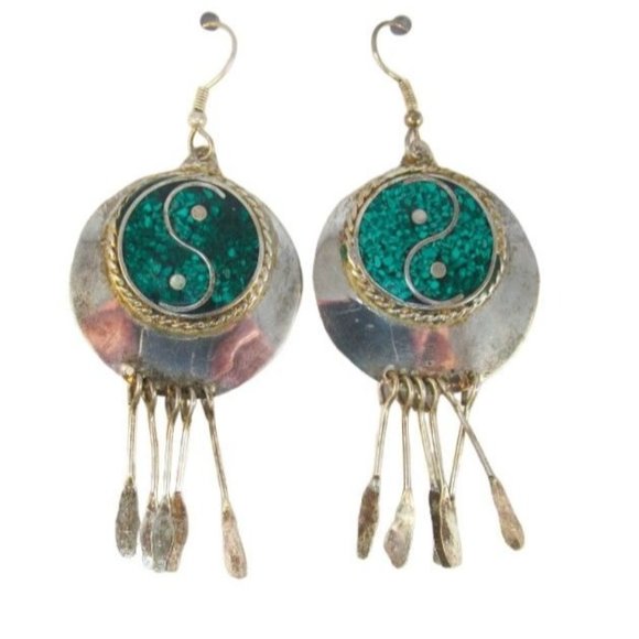 Alpaca Yin Yang Turquoise Inlay Dangling Pierced Earrings Vintage - Picture 1 of 10